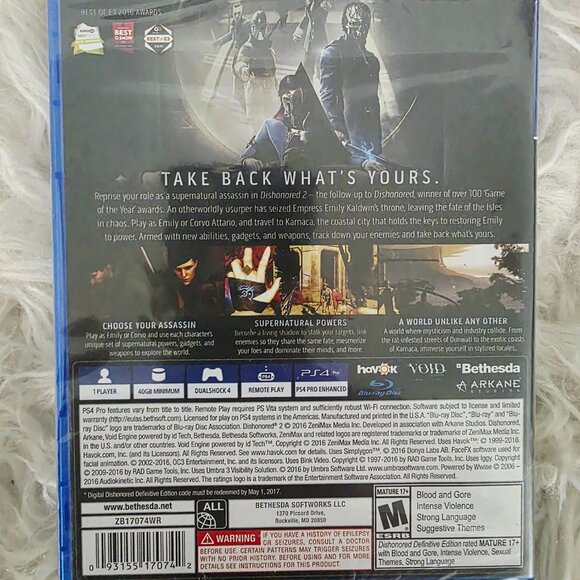 NWT PS4 Dishonored 2 Limited Edition- Sealed Game- Rated Mature - Picture 5 of 9